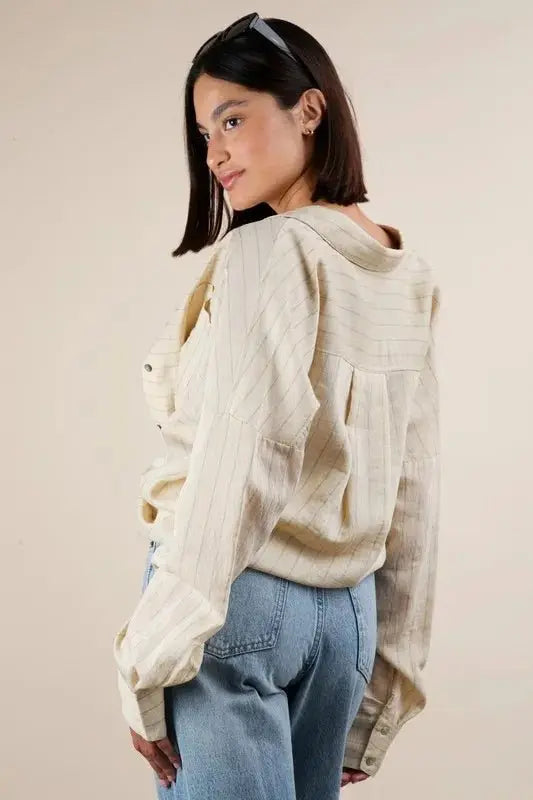 VERY J Oversized Striped Button Down Shirt Top for Women - Love Salve